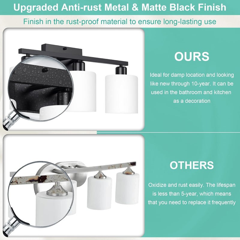 Dekang Black Bathroom Light Fixtures Over Mirror, Rustproof Vanity Lights for Bathroom, Modern 3-Light Wall Sconces for Living Room, Milky White Glass Shades, Standard E26 Base, Bulbs Not Included - Image 2